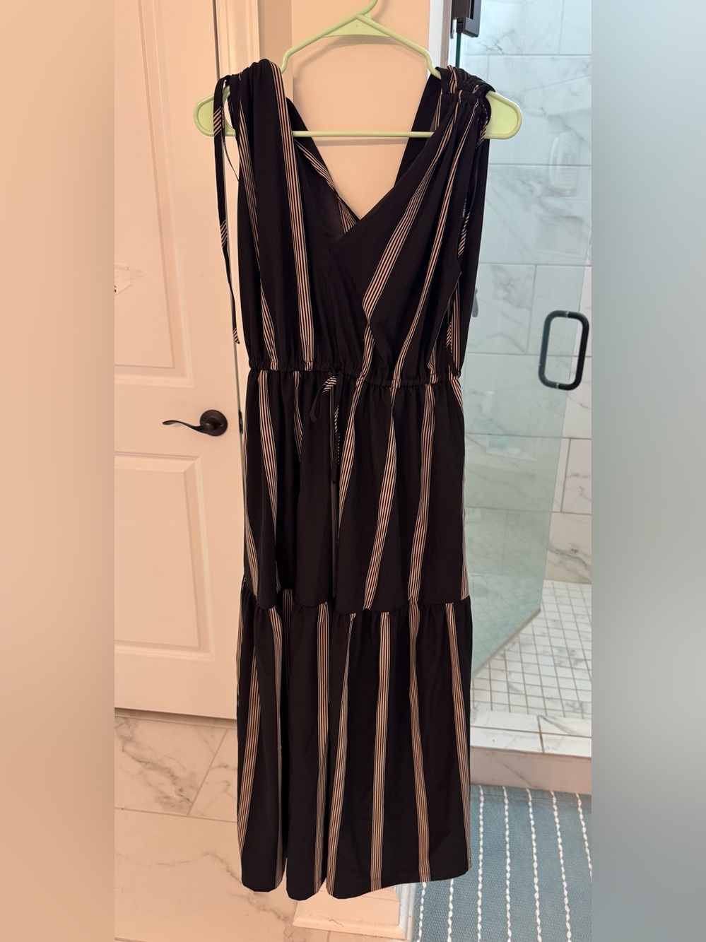 Calvin Klein Black Maxi Dress with Cream Vertical Stripes